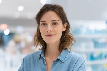 Fototapeta premium minimalistic scene of store environment with consultant ready to assist customers consultant stands confidently with