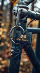 A close-up of a bicycle lock with the message "Stay Secure".