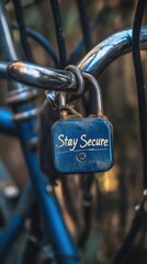 A blue padlock on a bicycle handlebar with the message "Stay Secure".