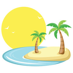 Tropical island with birds, sun and palm trees in vector format.
