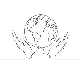 Man holding a planet in his hands as a concept of supporting ecology and peace on the planet. Flat vector illustration with endless continuous line isolated on white background