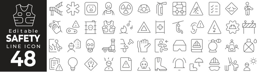 Work Safety Icon Set: A Line Icon Collection Featuring Helmet, Tools, Protection, Workplace, First Aid, and More