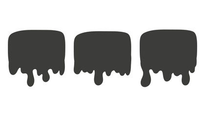 Black rounded rectangle banners with liquid flowing down effect. Spilled drops, splash, and drips resembling ink, paint, or syrup. Vector illustration for creative designs.