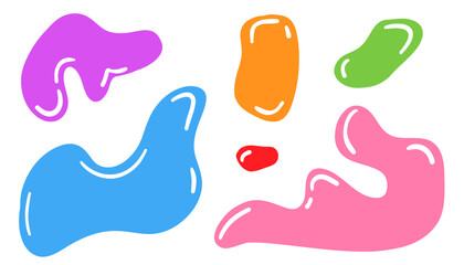 Set of liquid organic shapes featuring abstract, irregular random blobs. Colorful wavy bubbles and drops in trendy Y2K style, perfect for modern designs, digital art, and creative visuals.