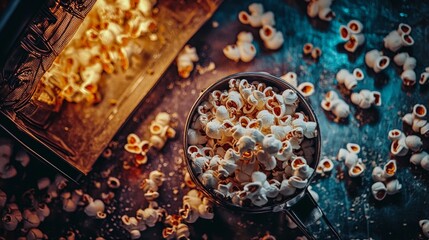 Popcorn tray with caramel and chocolate on dark background