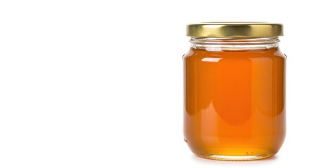 Jar filled with honey displayed on white background