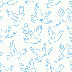  Seamless pattern with whimsical flying doves. Hand-drawn linear bird ornament in blue on light background. Vector playful design for wallpaper, textile, wrapping paper, banner