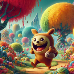 Naklejka premium Happy cartoon character running joyfully through a vibrant fantasy landscape with colorful trees and playful hills