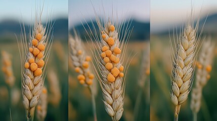 The image is a close-up of wheat heads that are afflicted with an orange and green fungal infection
