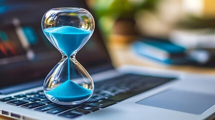 Blue Sand Hourglass on Desk with Laptop, A blue sand hourglass on a desk with a blurred laptop in the background