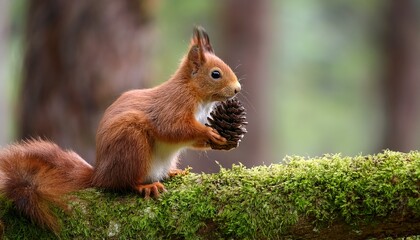 Obraz premium squirrel sitting on moss covered branch holding pine cone