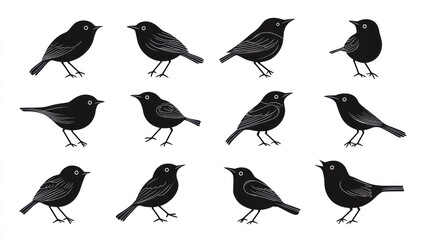 Obraz premium Twelve blackbird silhouettes, various poses, white background, nature illustration