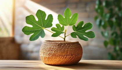vibrant fig leaf plant in woven pot radiating freshness and natural beauty