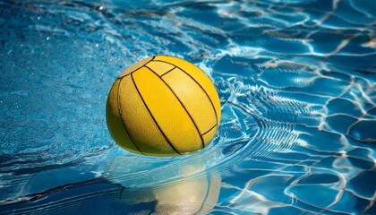 a yellow water polo ball is floating in a pool of water the water is clear and blue