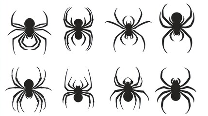Eight spider silhouettes; insect collection; white background; Halloween design