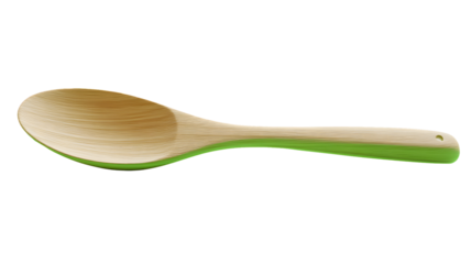 Light brown wooden spoon with a vibrant green handle.  A simple, natural utensil for everyday use