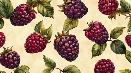 The beige background is adorned with a detailed design of blackberry branches
