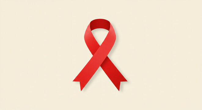 Flat vector illustration of red ribbon in awareness loop shape centered on light neutral background with simple shadows for clean and professional design
