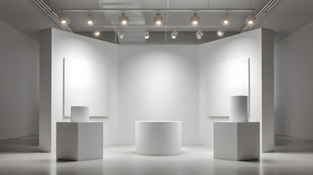 Minimalist art gallery featuring white canvas and geometric displays.