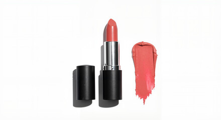 Obraz premium Lipstick tube with cap off, smeared color next to it on white surface bright neutral lighting, bold and modern look