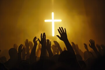Christian worship service with people raising hands in church singing and praying to God with cross on stage community gathering on Easter or Sunday