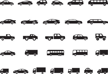Collection of Vehicle Silhouettes Featuring Various Car, Truck, and Bus Designs