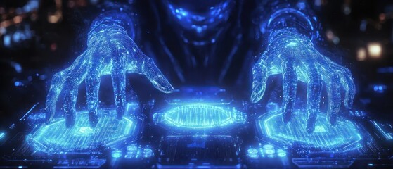Futuristic DJ:  Digital Hands Mixing Beats on a Glowing Console