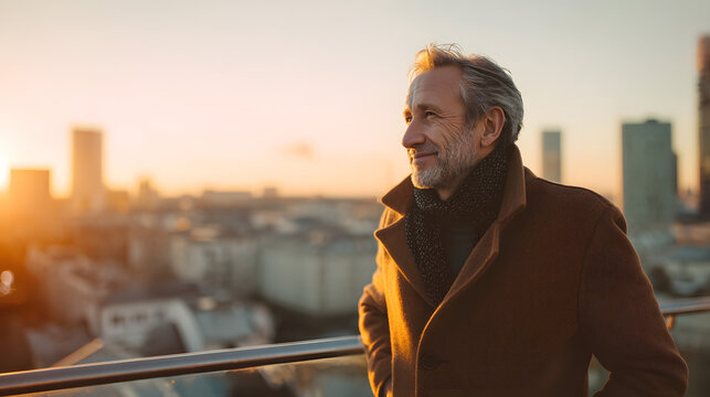 A thoughtful older man enjoying a sunset view over the cityscape, wrapped in a warm coat and scarf.