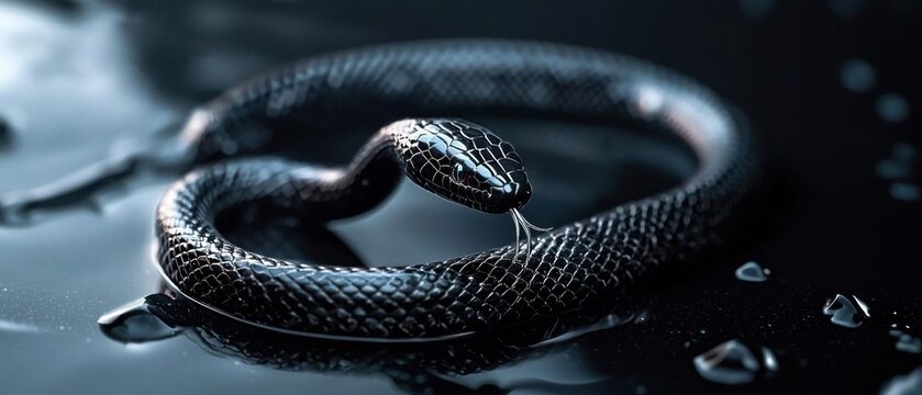 Close-up of a black snake coiled up on a black surface. the snake appears to be a type of snake, possibly a cobra, as it has a pointed head and a long, slender body.