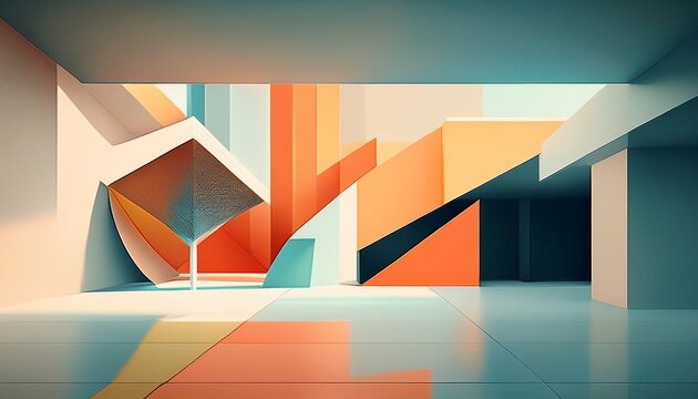 expansive minimalist abstract interior with geometric patterns and restrained color tones