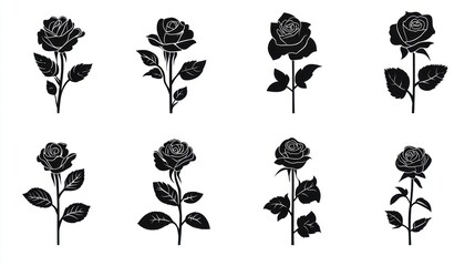 Eight black roses, isolated, graphic design, simple background, floral design