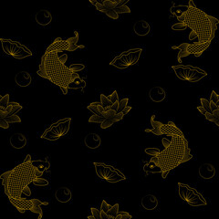Luxurious golden carp and lotus pattern, line drawing on black background.