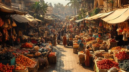 Bustling marketplace scene.  Vibrant, colorful stalls overflowing with fresh produce, spices, and goods.  Crowded pedestrian thoroughfare.  Warm, sunny day