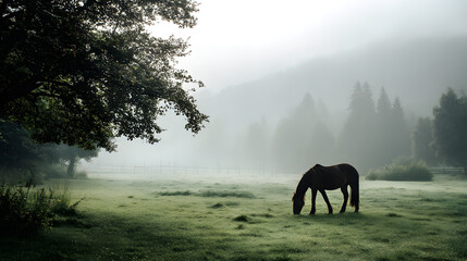 A majestic brown horse grazes in a misty green meadow, surrounded by serene trees and the tranquility of nature.