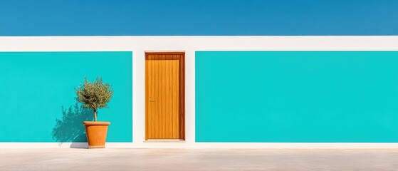Minimalist Architecture: Vibrant Turquoise Wall with Wooden Door and Potted Plant Against Clear Blue Sky