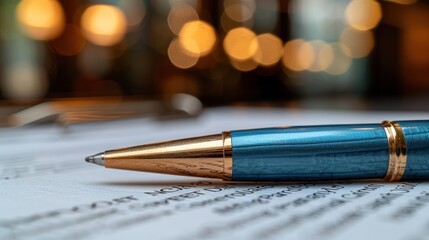 A beautiful blue pen lies on neatly arranged papers surrounded by warm, ambient light