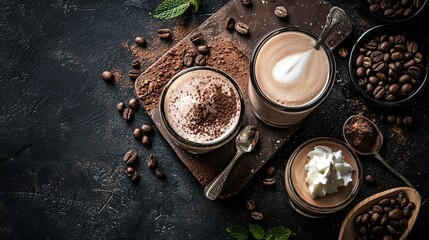 Coffee drinks with cinnamon sticks and beans on slate
