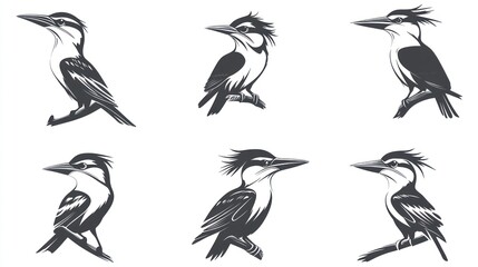 Fototapeta premium Six kingfisher bird illustrations, perched, profile views, white background, graphic design