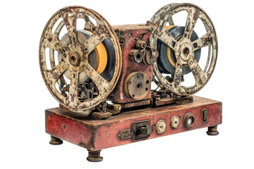 Obraz premium Vintage film projector. Rusty red metal case with large film reels, intricate mechanical parts