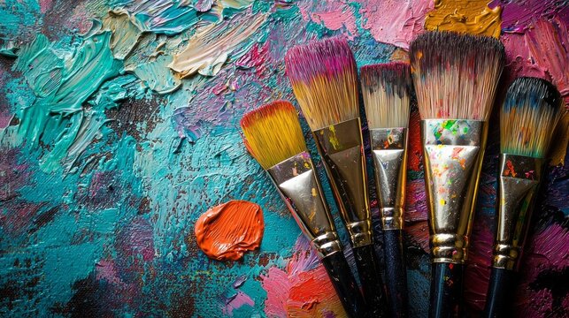 A group of paintbrushes are displayed on a canvas with paint splatters