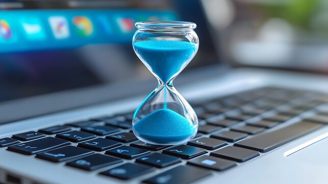 Blue Sand Hourglass on Desk with Laptop, A blue sand hourglass on a desk with a blurred laptop in the background