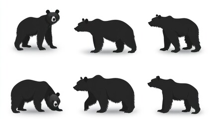 Six bear silhouettes, various poses, white background, wildlife illustration (1)