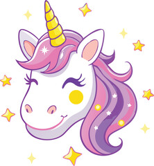Adorable Cartoon Unicorn Head with Pink and Purple Mane
