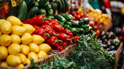 Colorful market stall overflowing with fresh produce