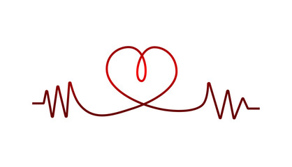 Heart beat one line. Continuous lines heart beats drawing. Wave pulse. Hand draw heartbeat. Design heartbeat for print. Red silhouette cardiogram isolated on white background. Vector illustration