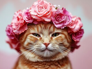 Ginger tabby cat wearing a crown of pink roses with a mildly unimpressed expression on a pastel background.