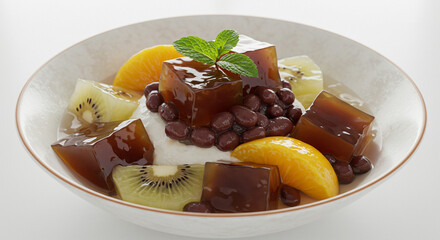 A bowl of anmitsu dessert with agar jelly, azuki beans, fruits and a mint leaf on top in a white bowl
