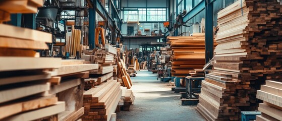 Lumber Warehouse: Rows of Stacked Wood in Industrial Setting