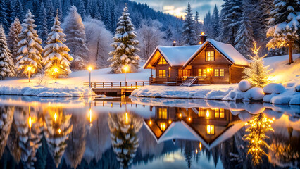 Fototapeta premium winter landscape, cozy wooden cabins, snowy forest, christmas lights, reflective lake, evening scene, illuminated trees, festive atmosphere, tranquil setting, warm glow, alpine resort, starry sky, 