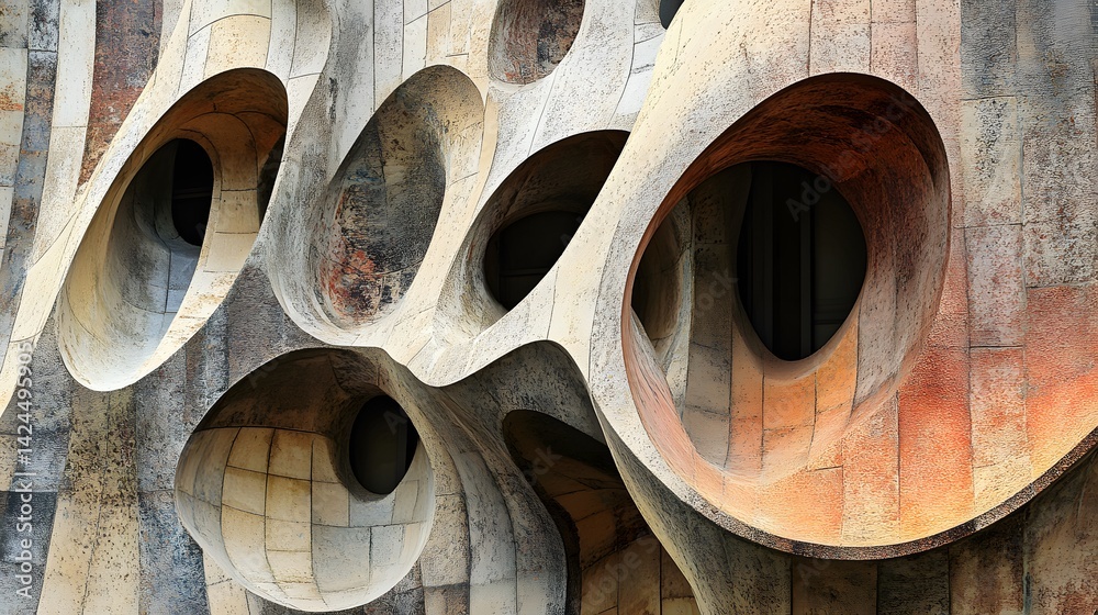 Fototapete Modern building facade with abstract circular openings creating a unique architectural design